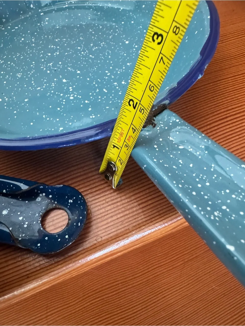2 Blue Speckled Enamel Saucepans for camping, decor or up-cycle
